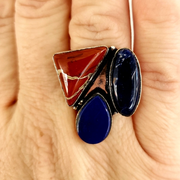 New Navy Sodalite, Lapis Lazuli and Red Jasper 925 Silver Ring. - Picture 2 of 7